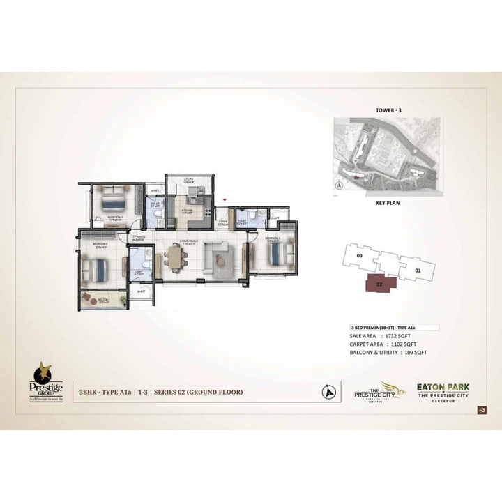 Eaton Park at The Prestige City 3 BHK unit plan variant on brochure page 43 Eaton Park at The Prestige City 3 BHK unit plan variant on brochure page 43
