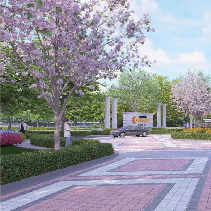 Tree lined internal road rendering — artist's impression from the developer brochure